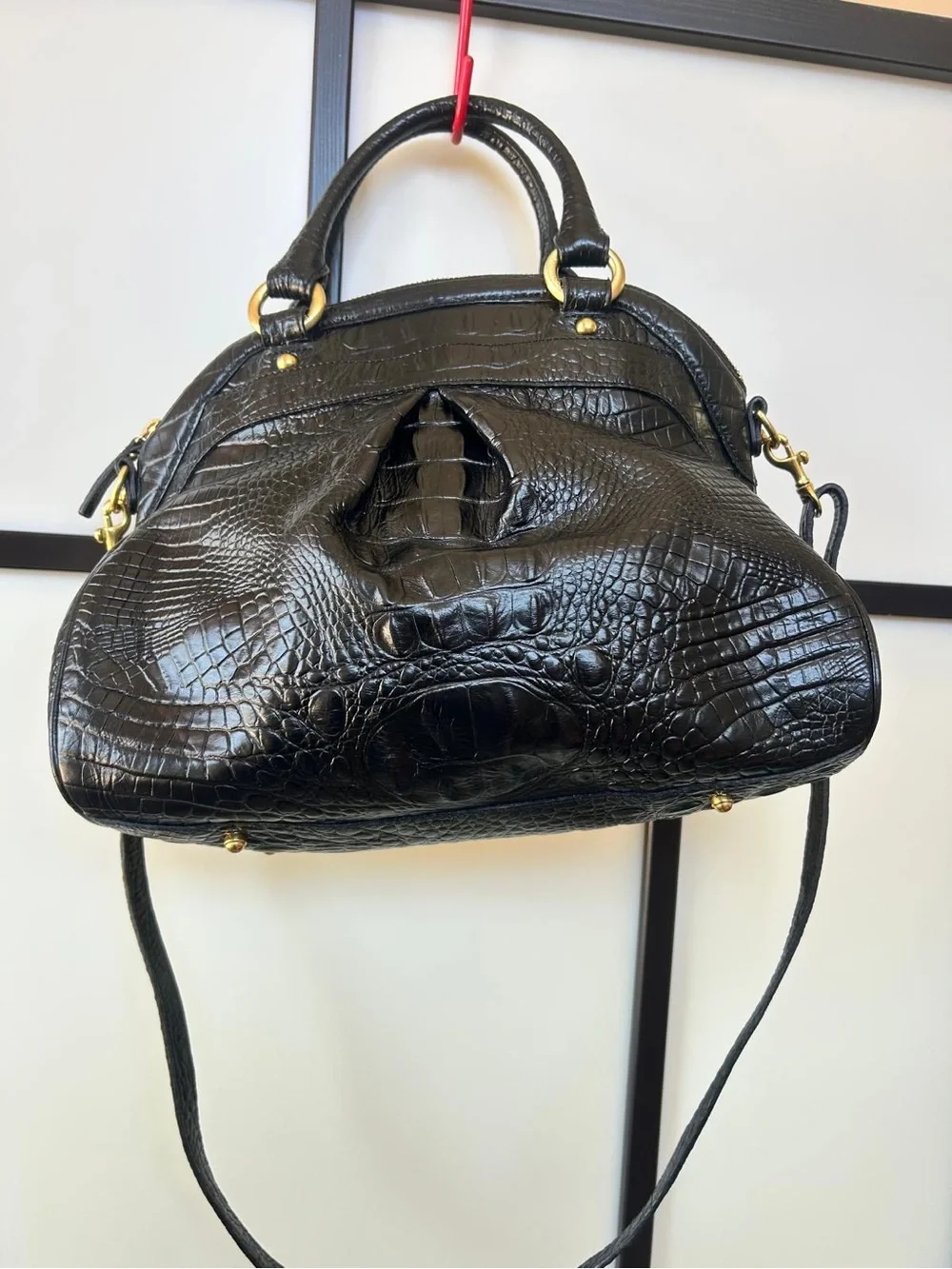 Brahmin Black Croc-Embossed Leather Satchel with Gold Hardware